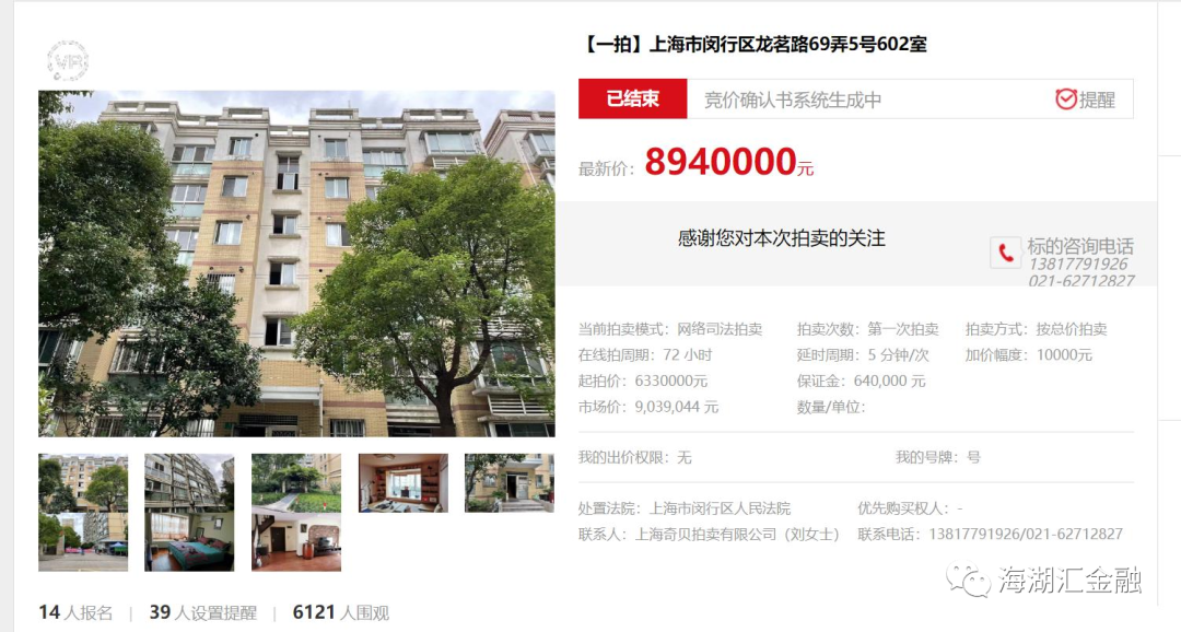 【法拍成交】海湖汇上海区域一宗房抵贷债权，于2022年9月9日在公拍网一拍894万元成交