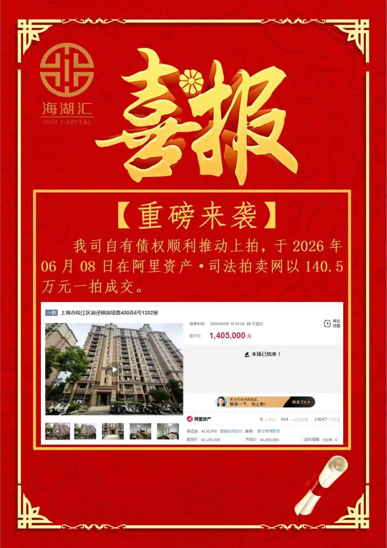 【法拍成交】🎉海湖汇成功处置自有债权，推动抵押物顺利拍卖成交