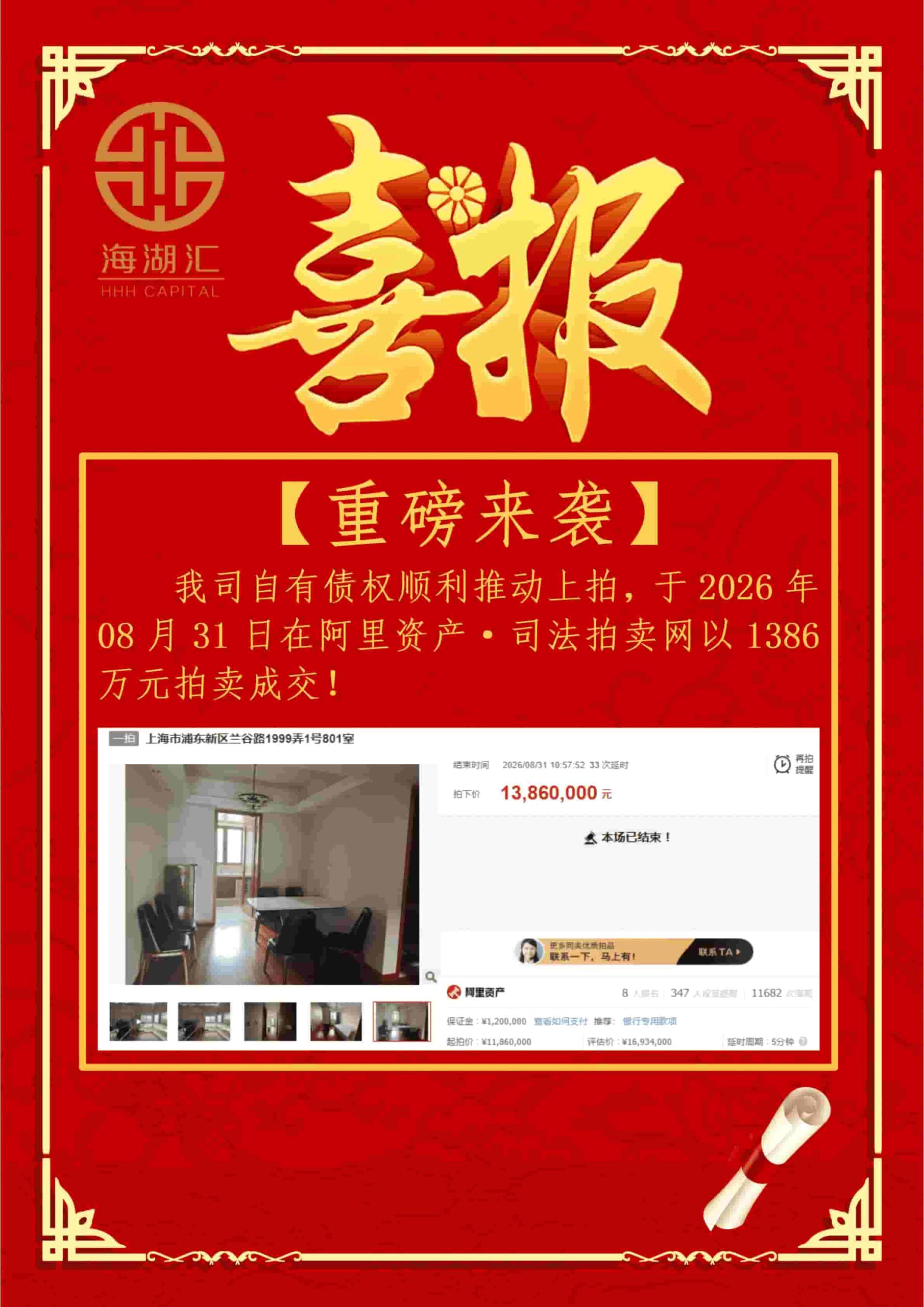 【法拍成交】海湖汇自有债权顺利推动上拍以1386万元拍卖成交