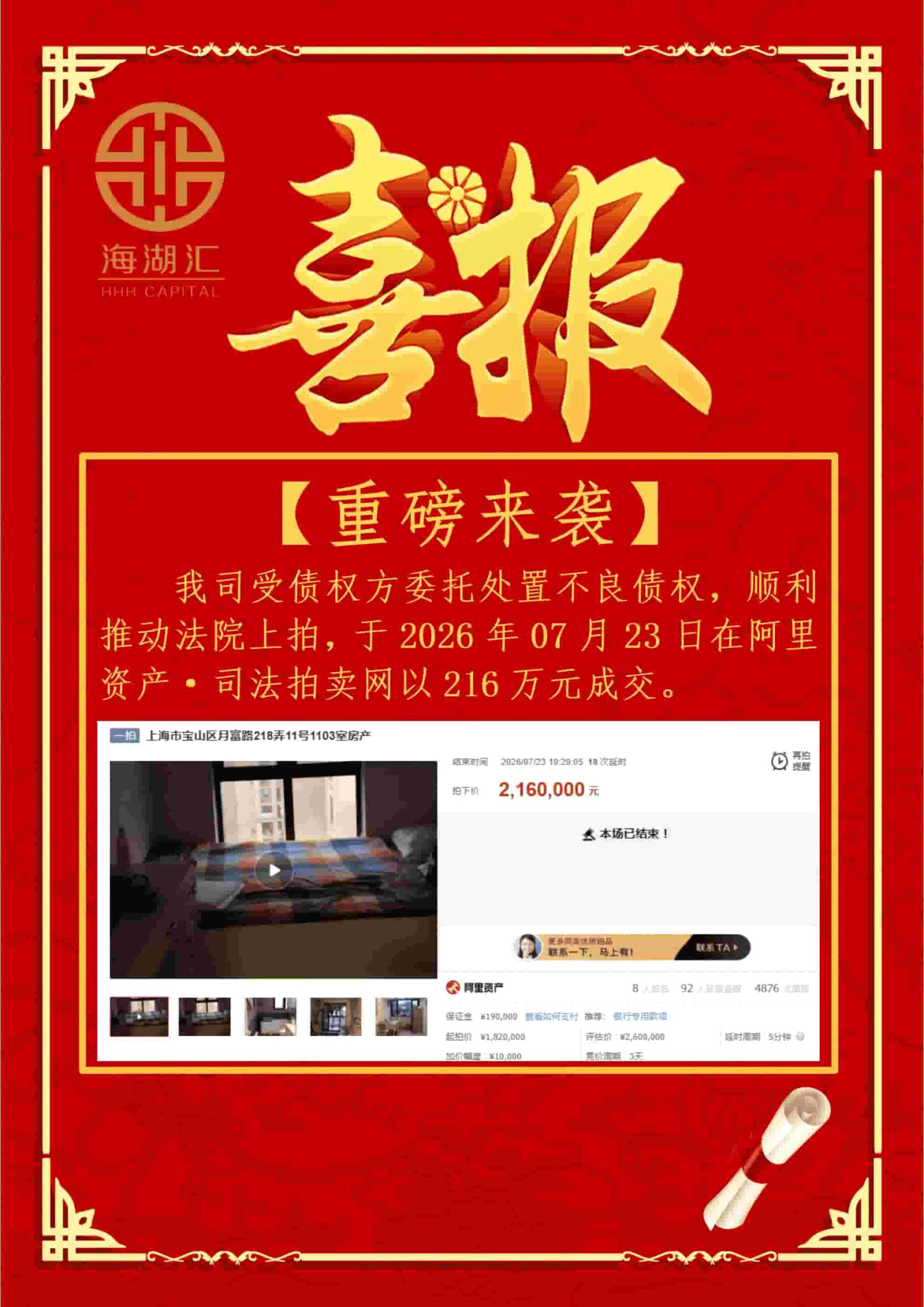 【法拍成交】海湖汇自有债权顺利推动上拍以216万元拍卖成交
