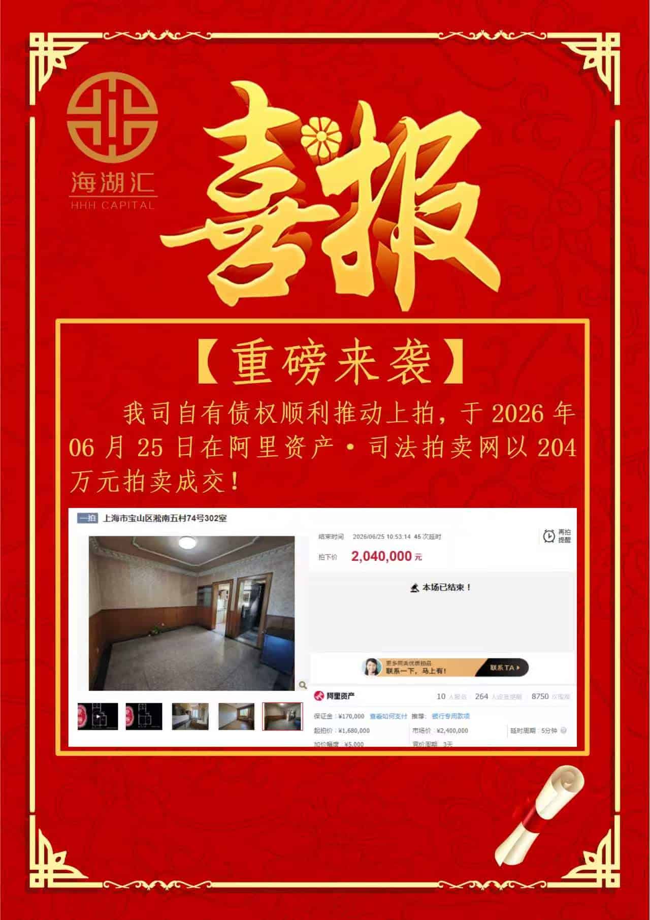【法拍成交】海湖汇自有债权顺利推动上拍以204万元拍卖成交